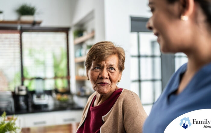 Caregiver provides attentive senior care as part of diabetes awareness