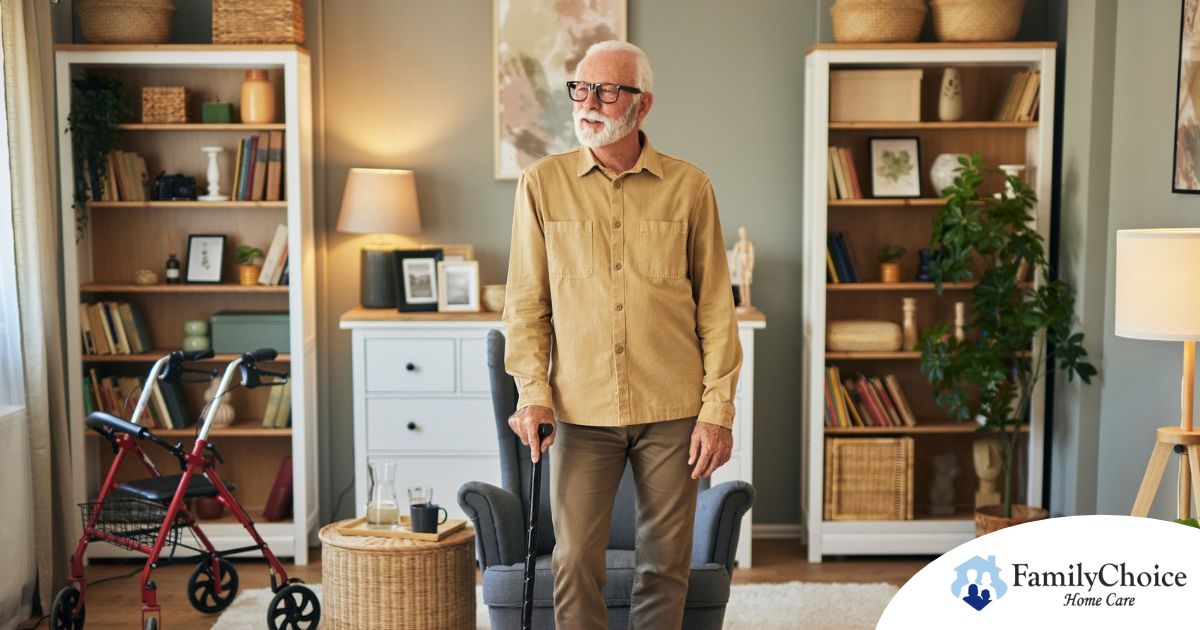 Exploring fall prevention for seniors — an elderly man stands in a safely arranged room.